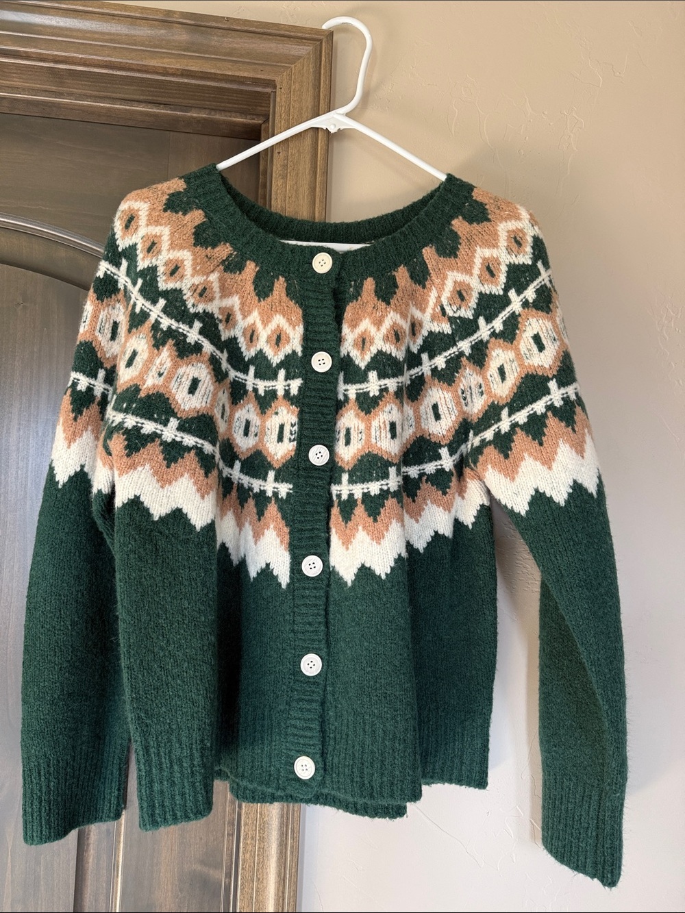 Favorite Daughter Dark Green Fair Isle Cardigan with Cream & Tan